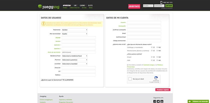 formulario de registro juegging.es