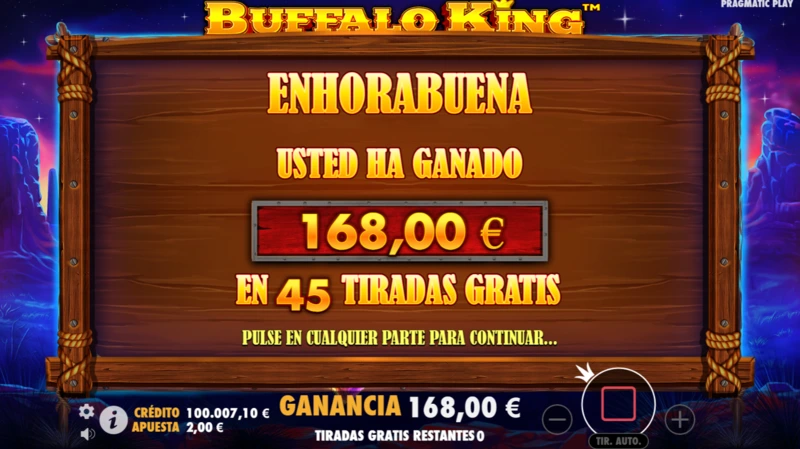 Buffalo King max win potencial tras completar 45 tiradas en el bonus de free spins