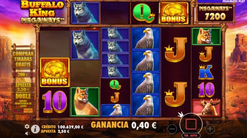 Cómo jugar Buffalo King Megaways es muy sencillo con la minimalista interfaz de Pragmatic y su estilo directo de juego.