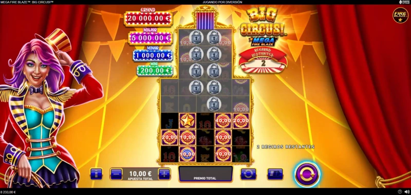 Mega Fire Blaze Big Circus tiene una fase bonus con respins muy original.