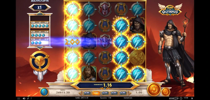 Jugamos en un tablero de 5x5 sin cascadas y con un rango de premio máximo x50 con un multiplicador global que aumentad +1 con cada premio conseguido.