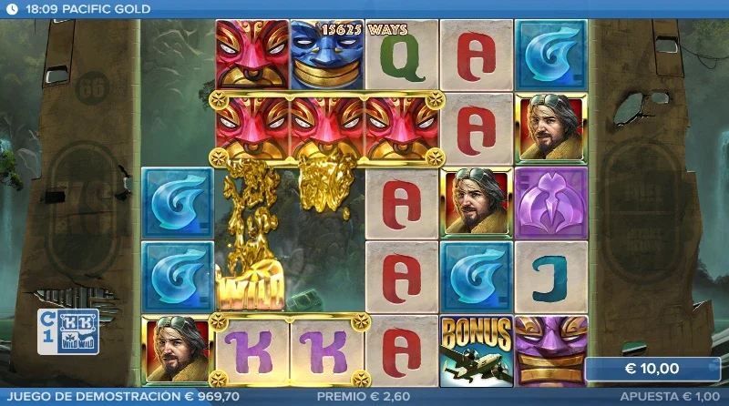 Una de las funciones especiales es la Pacific Wave que genera símbolos Wild en los huecos debajo de las filas de símbolos dorados.