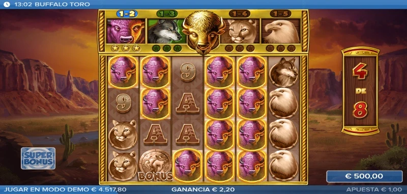 En la fase de bonus estándar, el sistema de recolección de búfalos dorados a pesar de ser igual, no cuenta con Rampage Reels.