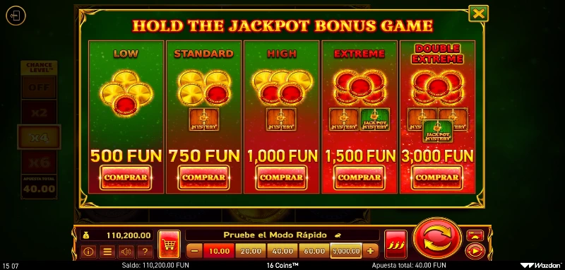 La compra de bonus está disponible con 5 tipos de volatilidad, diferentes combinaciones y con precios variados.