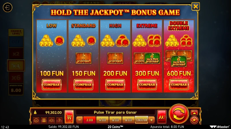 La volatilidad ajustable es una característica clásica de las slots Coins de Wazdan. Podremos ajustarla para las tiradas normales o incluso comprar un bonus con 5 tipos de volatilidad.