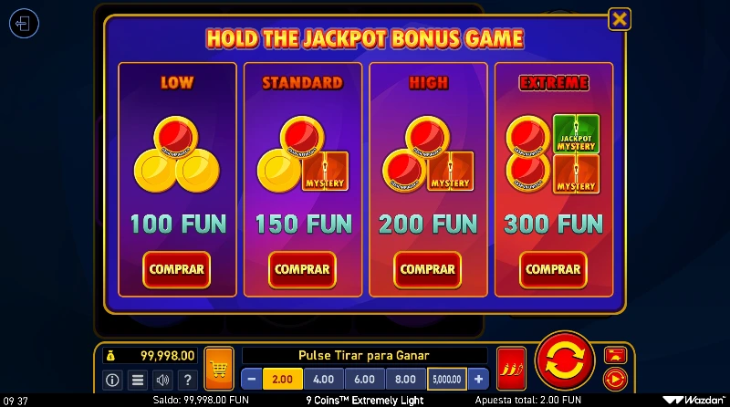 La compra de bonus de las tragaperras Coins de Wazdan están ligadas a una volatilidad inherente para cada opción. Siendo la más barata la de menor volatilidad, y la más cara la que mayor nivel tiene.