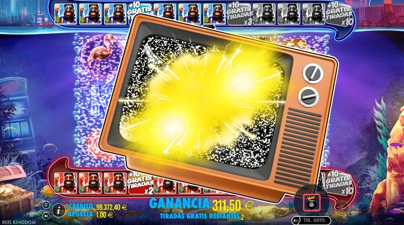 La función dinamita aquí es sustituida por una animación donde un televisor hace de explosivo al romperse haciendo aparecer símbolos pez.