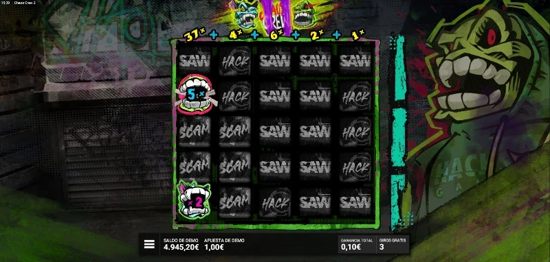 El bonus con tres tiradas reiniciables vuelve a traernos los símbolos Skull que suman hasta +100 a los carretes y a Cranky Cat aplicando multiplicadores de hasta x20.