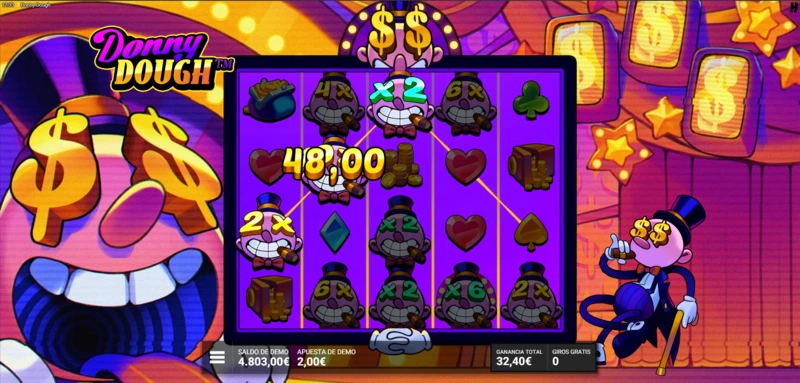 En la slot gratis de Donny Dough el max win es x2.500 menor que el de Danny Dollar.
