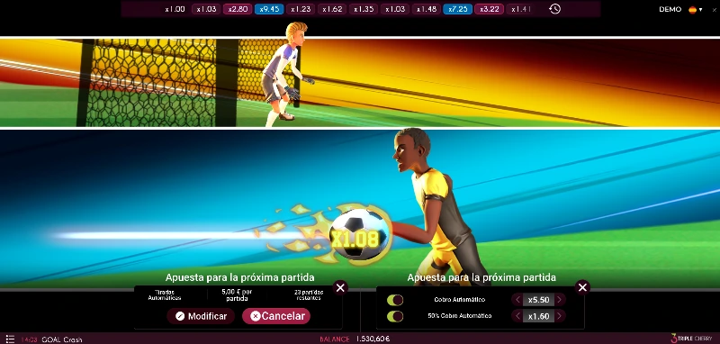 Goal Crash destaca por su animación de alto dinamismo, buscando recrear un icónico momento antes del esperado gol.