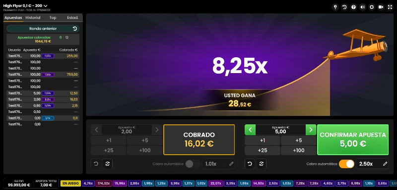 El chat en vivo, el historial de juego y muchas otras funciones hacen que se enriquezca la experiencia de juego de High Flyer.