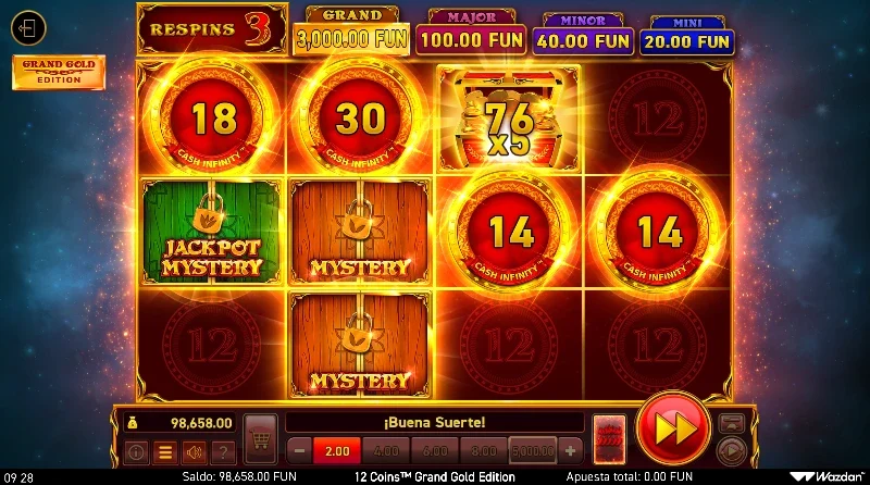 El estilo dorado del tablero con un fuerte brillo en cada símbolo es característico de todas las slot Coins de Wazdan.