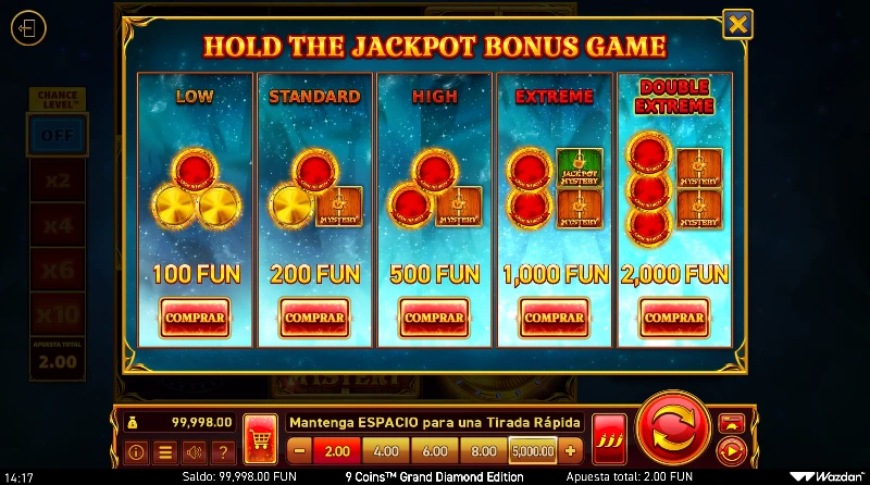 Tenemos disponible no solo la compra de bonus sino también una apuesta anticipada para aumentar las probabilidades de entrar a la fase de regiros con un aumento proporcional en nuestra apuesta.