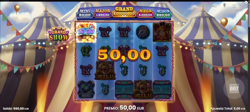 En The Grand Show los jackpots van desde x10 hasta 10.000 la apuesta, que es el max win.