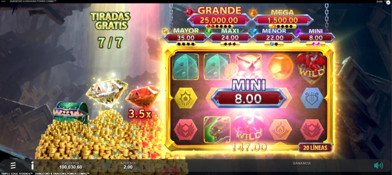 Dungeons and Dragons Power Combo tiene 6 tipos de bote que van desde x2.5 hasta x12.500 tu apuesta.