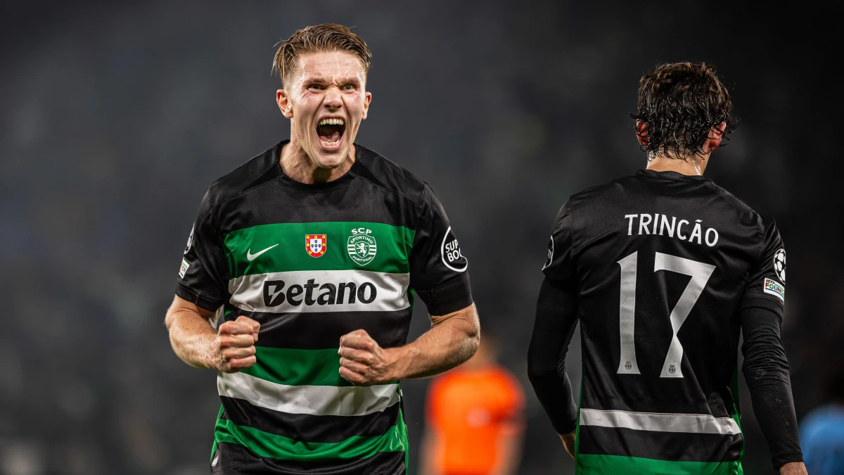 Viktor Gyökeres celebrando un gol ante el Manchester City en la champions League 24/25