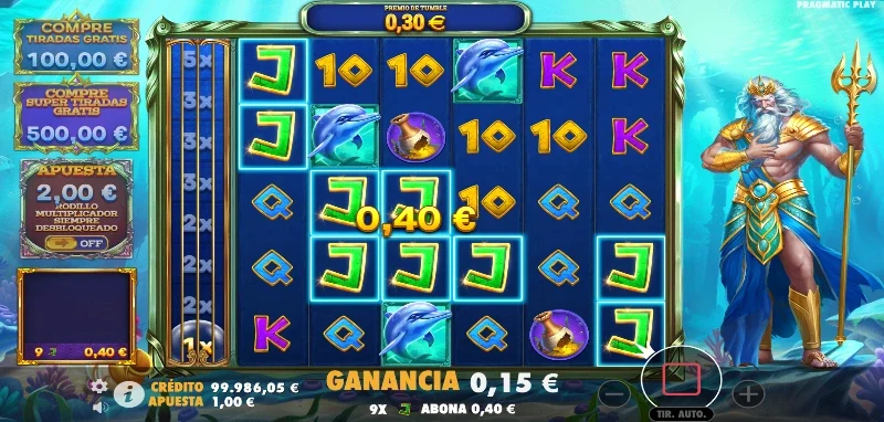 La tragaperras Waves of Poseidon sigue la línea de cuadrícula amplia con un sistema tumble y funciones varias como en las slots Zeus y Hades.