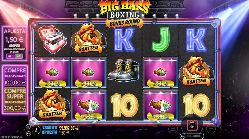 Disfruta de una temática de luces de neón y símbolos bien caracterizados con la temática del boxeo.