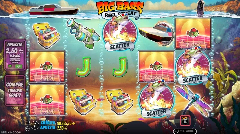 El estilo saturado y vibrante de esta nueva slot Big Bass es un fantástico diseño que atrapa visualmente.