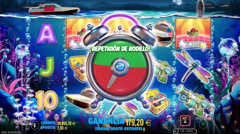 La función repetir de Big Bass puede aparecer al final del bonus con mayor probabilidad según la ante bet o bonus que hayamos comprado.