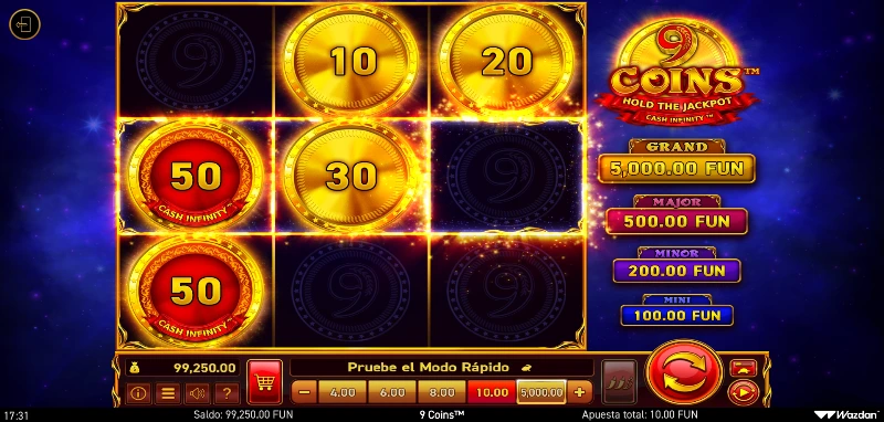 El concepto de lujo, riqueza y fortuna es lo que tematiza esta demo 9 Coins de Wazdam.