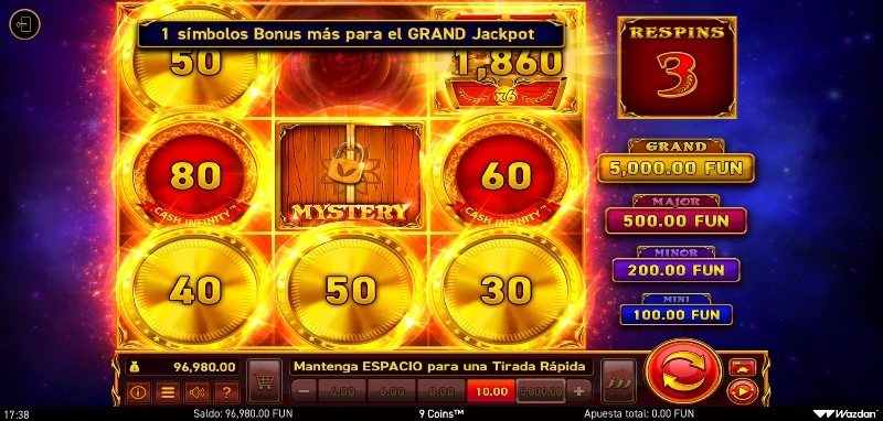 En Hold the Jackpot tendremos 3 respins que se reinician con cada nueva aparición de cualquier símbolo.