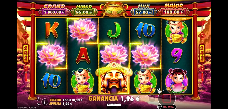 El estilo de dibujo de la slot Caishen's Gold tiene un gama de colores saturada donde destacan el rojo y el dorado, además de un efecto semi realista en las figuras humanas.