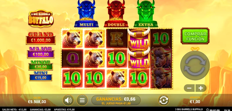 Con una temática de animales clásicos del oeste jugaremos en un tablero 5x3 con un rango de premios que va desde x0.10 y hasta x6 la apuesta.