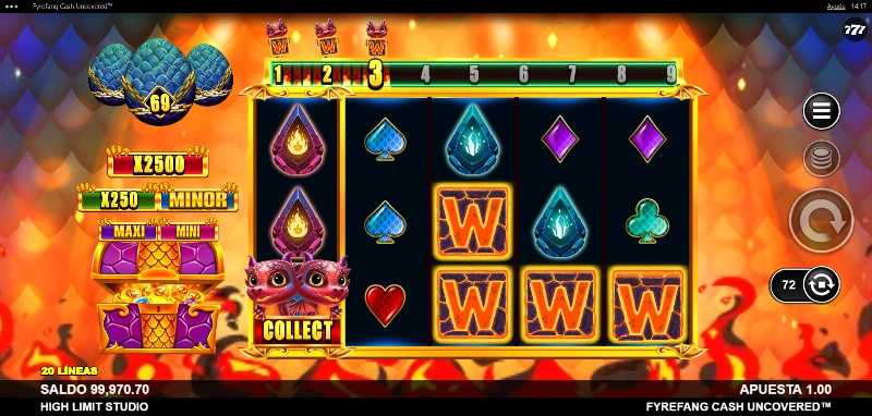 Tenemos un juego de 5x3 con 20 líneas fijas y un rango de premios por línea entre x0.20 y x7.5.