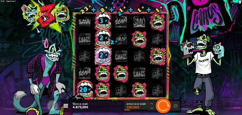 Cada personaje tiene diferentes formas de aumentar los valores de los carretes: Cranky Cat aplica multiplicadores, Sketchy Skull suma valores y Glitch Dog se queda como un símbolo persistente, sumando valores en cada giro una vez aparece.