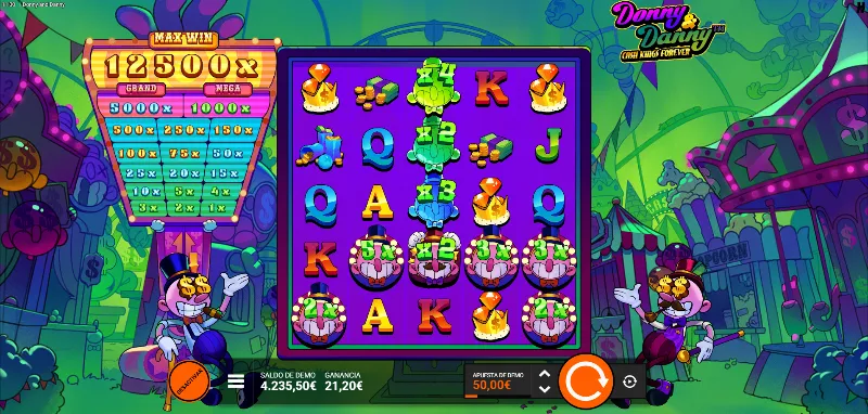 Los símbolos Danny son multiplicadores que aplican su efecto solo cuando antes de ellos hay un premio en efectivo y funcionando como valores en efectivo acumulables con los símbolos de su derecha.