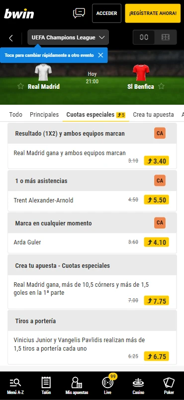 Apuestas especiales Bwin fútbol