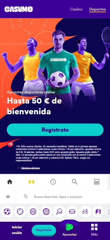 Interfaz de usuario de la plataforma Casumo apuestas deportivas mostrando cuotas y eventos en vivo