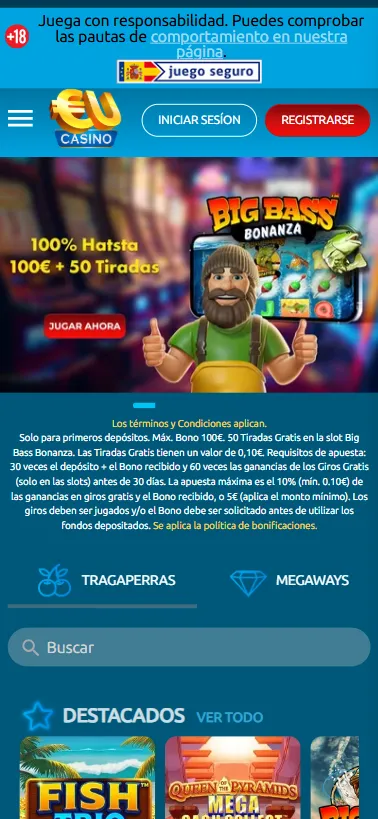 Desde la página de inicio podremos ver la promo de bienvenida además de las slots más populares.