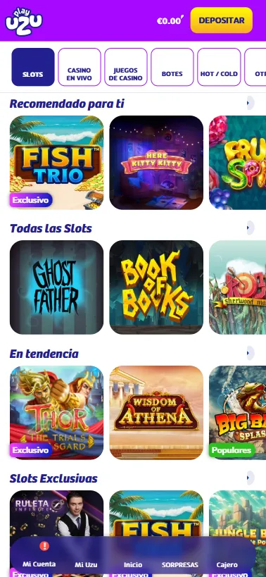 El casino diferencia entre 6 secciones de tipos de juego para navegar.