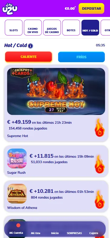 El operador tiene una sección de juegos calientes y aquellos menos demandados.