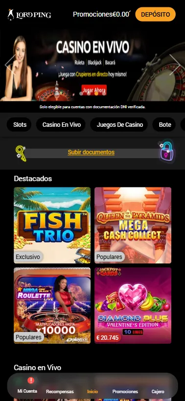 En Lord Ping podemos jugar ruletas, blackjack, crash games, slots, ruletas en vivo, plinko y más.