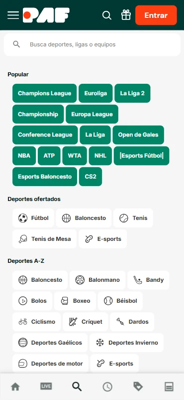 Catálogo apuestas deportivas Paf