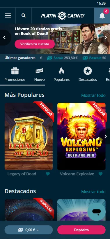 Platincasino tiene web responsive para disfrutarlo en cualquier pantalla.