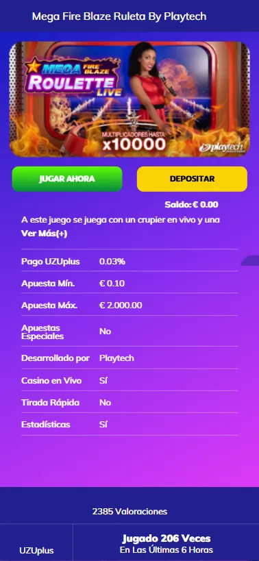 Cada juego de PlayUZU permite depositar, jugar y ver sus características.