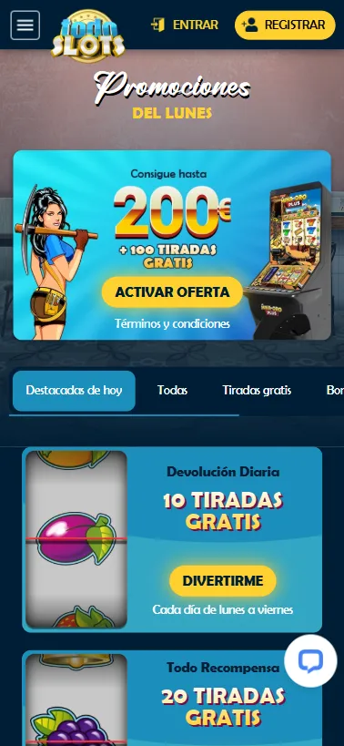 El casino TodoSlots tiene un bono de bienvenida de hasta 200€ y 100 free spins para nuevos usuarios.