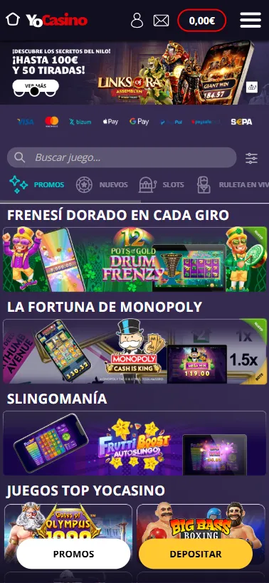 La página principal de YoCasino nos ofrece poder navegar por todas sus opciones de juegos de azar.