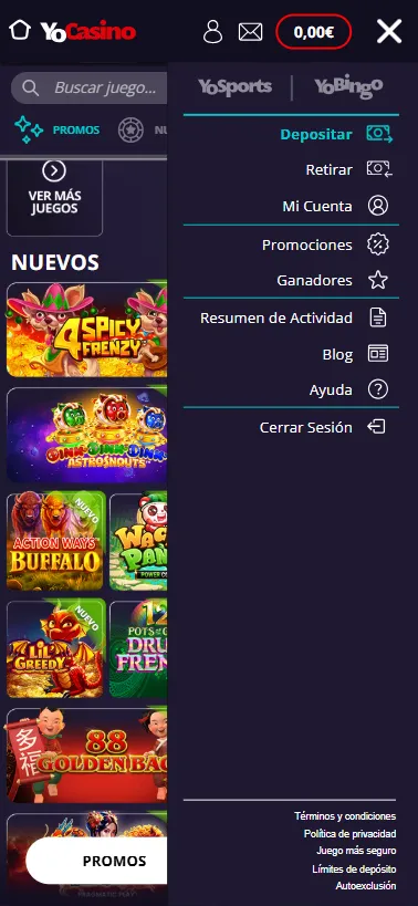 A través del menú lateral de YoCasino podremos navegar por nuestro perfil, promos, historiales y big wins de otros jugadores.