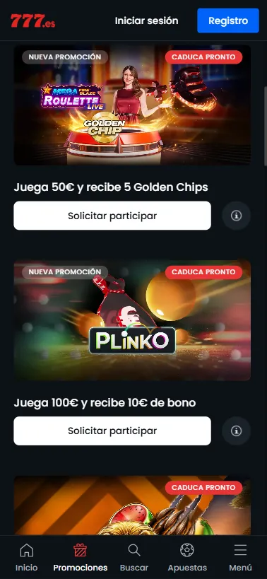 Tenemos un bono de bienvenida estático y promociones que cambian cada día y semana.