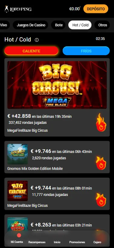 La función Hot&Cold de Lord Ping indica qué juegos están en tendencia y con grandes premios.