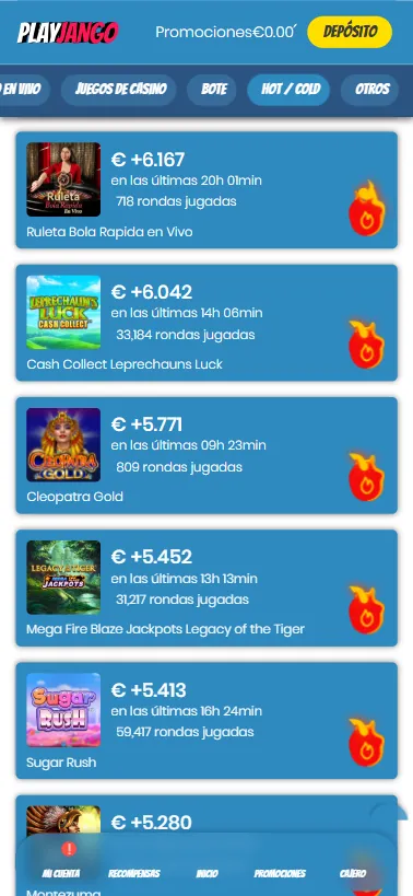 Igual que otros casinos como Lord Ping, tenemos una categoría Hot/Cold en PlayJango.