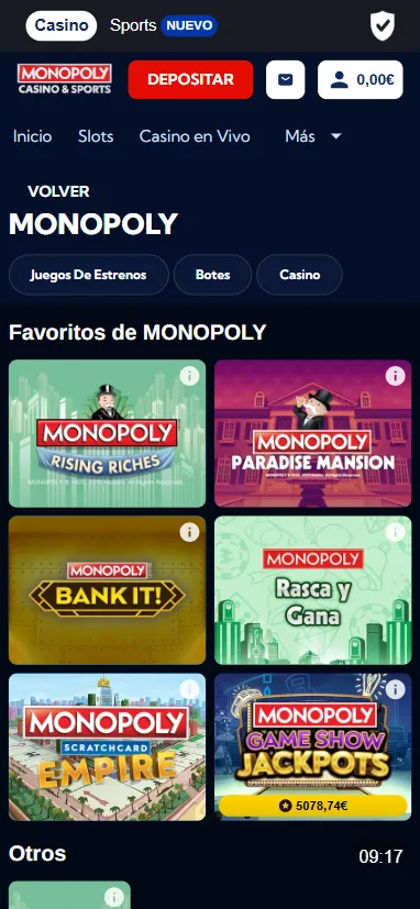 Interfaz de la aplicación móvil de Monopoly Casino mostrando la sección de bonificaciones