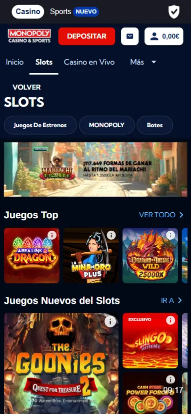 Encontramos más de 750 juegos a fecha de marzo de 2026 en el casino de Monopoly.