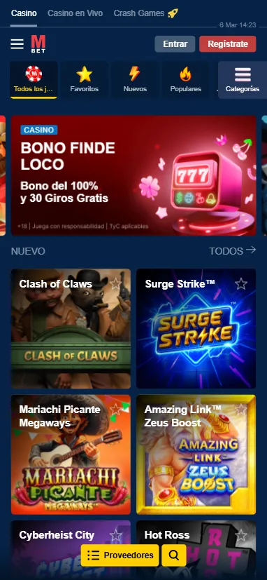 Interfaz del lobby de casino online Marathonbet mostrando tragamonedas y juegos de mesa
