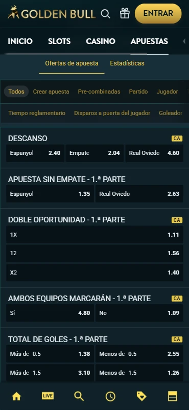 menu apuestas golden bull